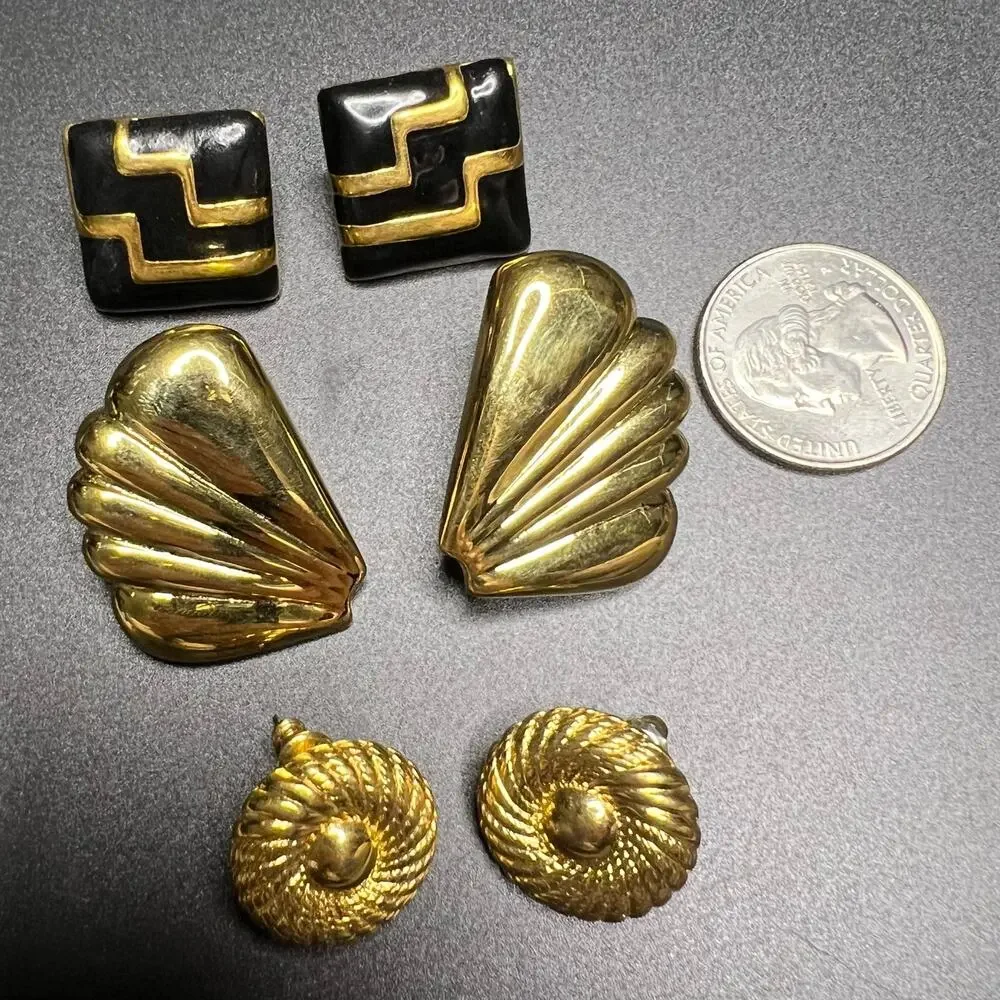 Vintage Lot of 3 Pierced Earrings Monet Tat Gold Tone Mob Wife Statement